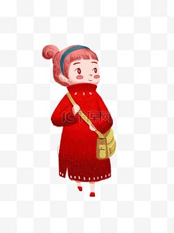 背包的女孩手绘图片_手绘可爱穿着红色长毛衣的女孩元