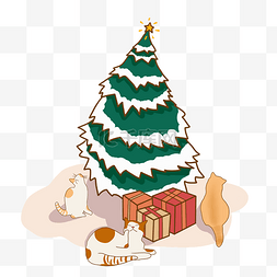 可爱卡通猫咪手绘图片_圣诞节圣诞树礼物免扣图