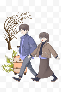 褐色行李箱图片_冬季旅游卡通人物插画