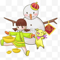 新年小女孩金猪雪人手绘插画