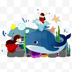 幻想世界鲸鱼与红裙小女孩