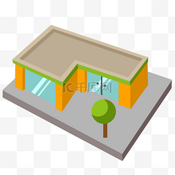 圆形小树木图片_2.5D玻璃门房屋插画