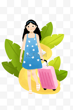 度假旅游小女孩和行李箱