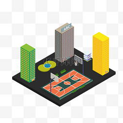 小区元素插画图片_2.5D立体城市小区篮球场