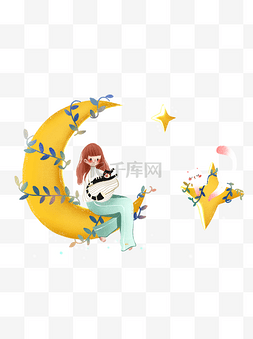 插画女孩和猫图片_睡在星星和月亮上的女孩和宠物猫