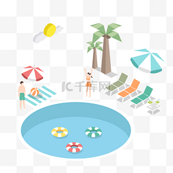 全城消暑季图片_卡通插画风泳池边的男女