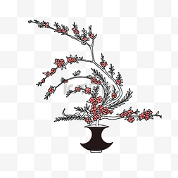 中国艺术手绘图片_手绘红色花朵盆栽免抠图案