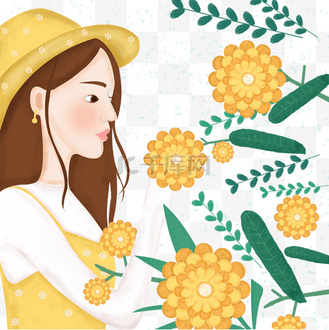 女孩晒女闻花插画