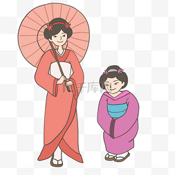 日本和风穿和服的小女孩插画免抠