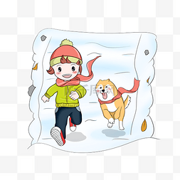 冬天小男孩和小狗雪中奔跑插画