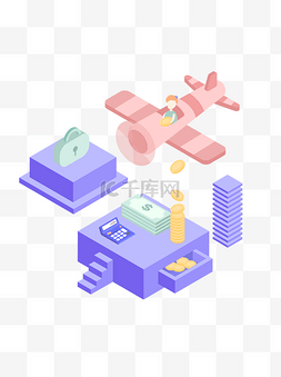 5d金融数据飞机模块旅游地图蓝色卡通wifi模块c4d立体电商首页海报