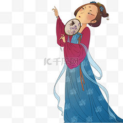 古代手绘少女图片_拿蒲扇的跳舞少女卡通png素材