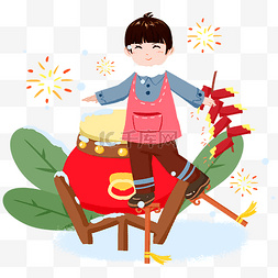 新年团圆插画系列图片_元宵节放烟花敲锣鼓手绘插画