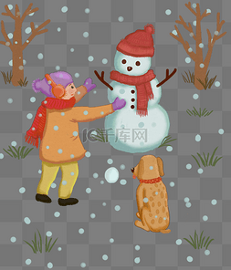 大寒小女孩和雪人插画