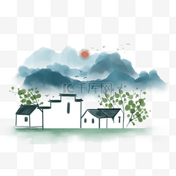 日出的图片_美丽的水墨江南插画