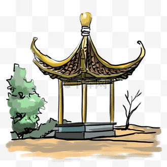 手绘岭南古亭文化建筑下载png下载psd企业vip免费下载免抠元素夏天