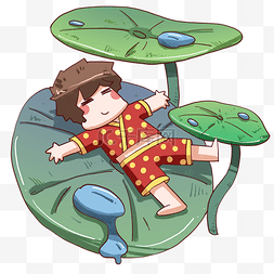 卡通蓝色水滴图片_谷雨躺在叶子的男孩