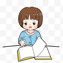 手绘短发小女孩图片_手绘图书馆读书的小女孩