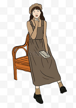 小椅子插画图片_穿着时髦靠着椅子的女孩