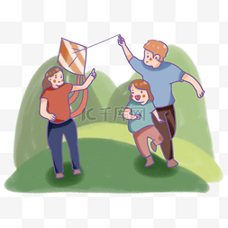 春天一家人在草坪上放风筝