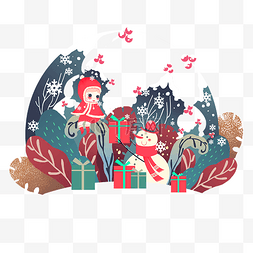 红绿装饰彩带图片_圣诞节少女雪人可爱装饰花丛平安