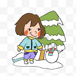冬季小女孩小雪人手绘