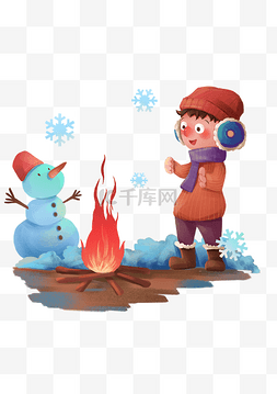 冬天取暖的小女孩和雪人