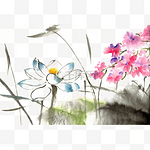 蓝莲花水墨画PNG免抠素材