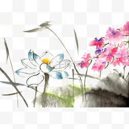 莲花水墨画图片_蓝莲花水墨画PNG免抠素材