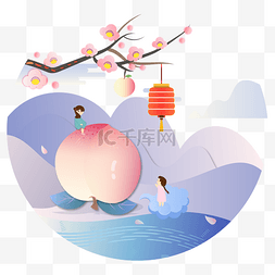 中国风红梅花图片_中国风古典桃子红灯笼梅花小景观