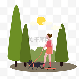 卡通树木太阳图片_卡通插画风遛狗的女孩