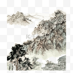 立春写意图片_水墨山水国画线描PNG