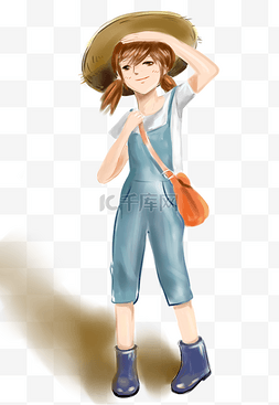 背带裤的女孩图片_夏天戴着草帽的女孩手绘插画