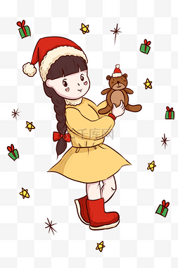 红色小五角星图片_圣诞节手拿小熊人物插画