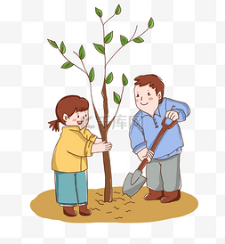 手绘人物植树节图片_手绘可爱男孩和女孩辛勤植树