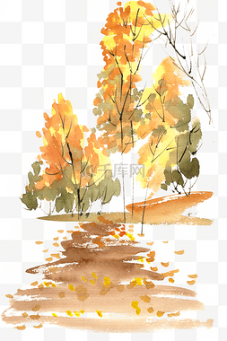 秋天的树水彩画PNG免抠素材
