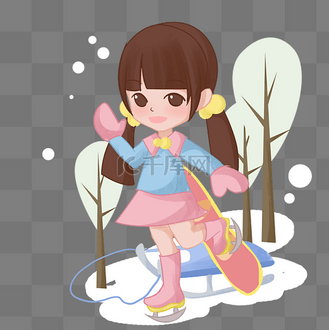 卡通手绘长发女孩滑冰插画