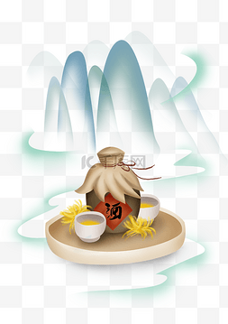 酒坛子图标图片_重阳节手绘传统酒和山