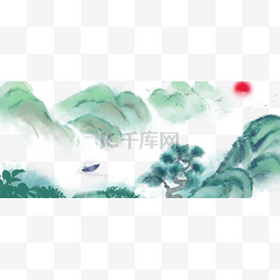 卡通手绘山水画图片_卡通手绘山峰中划船的人