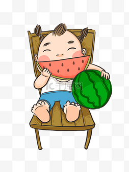 孩童坐在椅子上大口吃西瓜
