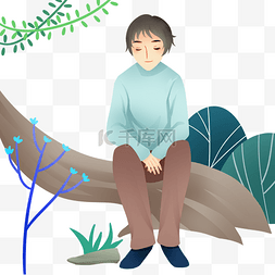春游坐在树枝上的男孩插画