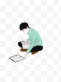 看书的学生男孩图片_彩绘读书的少年人物插画设计