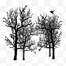 黑色剪纸画图片_黑色灰色剪纸剪影树木森林飞鸟图