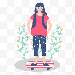 卡通插画风玩滑板的女孩