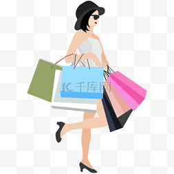 双十二疯狂购物图片_卡通购物拎购物袋女性
