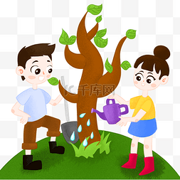 手绘植树节男孩和女孩给树木浇水