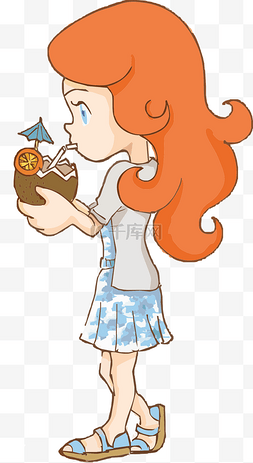 椰汁卡通图片_喝椰汁的橙发美女