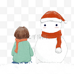 卡通手绘雪人陪伴在小男孩旁边