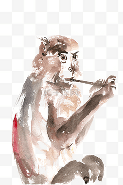 手绘吹笛子图片_摹仿吹笛子的猴子水彩画PNG免抠素