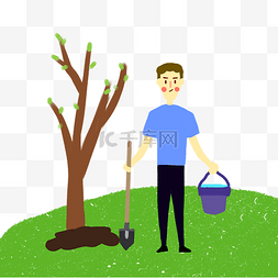 手绘树根年轮图片_在植树节种树苗的男生